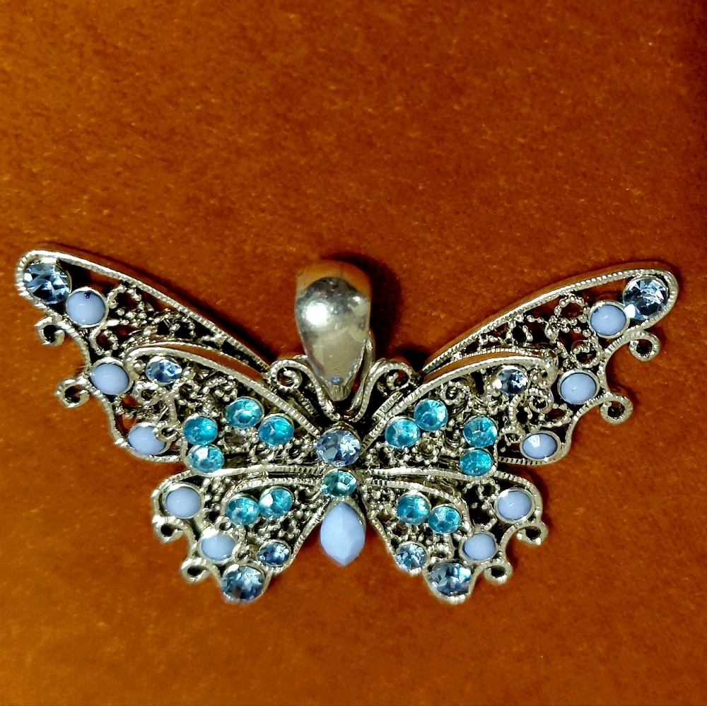 Butterfly Pendant Silver With Aqua And Smokey Blue Rhinestones Lavender Accents